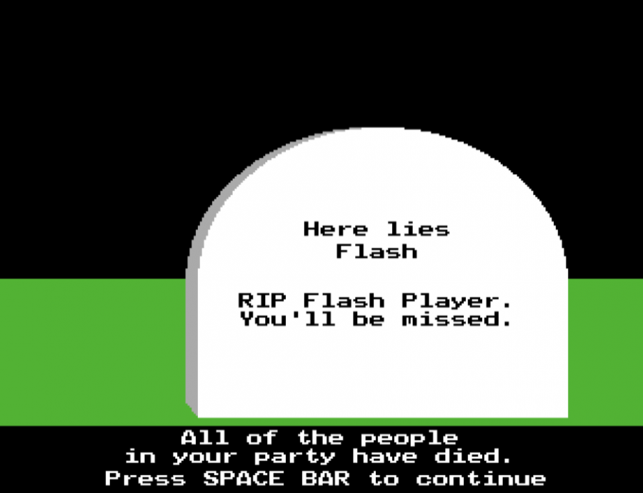 A+grave+in+a+Flash+Game+known+as+The+Oregon+Trail+Game%2C+depicting+the+end+of+Flash+Player.