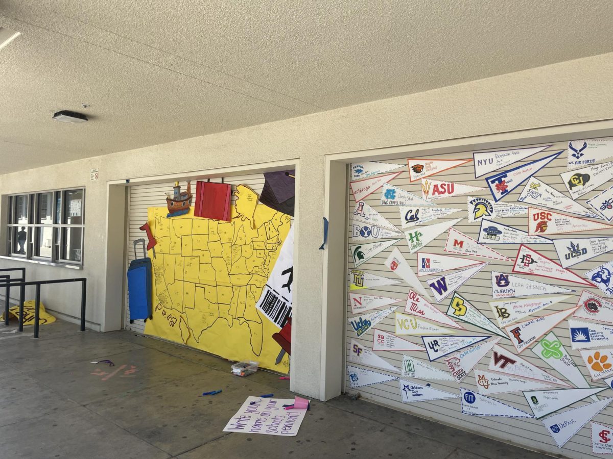 Leadership decorated the front of the MPR with a map of the US and college flags for seniors to sign their names on.