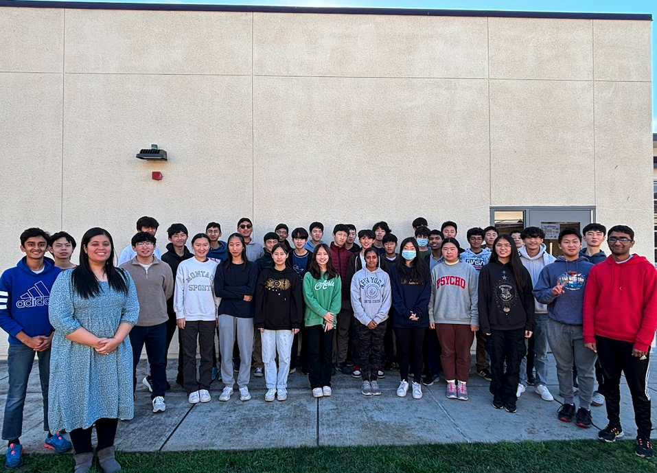Amador Valley Math Team poses for a photo in front of the D building.