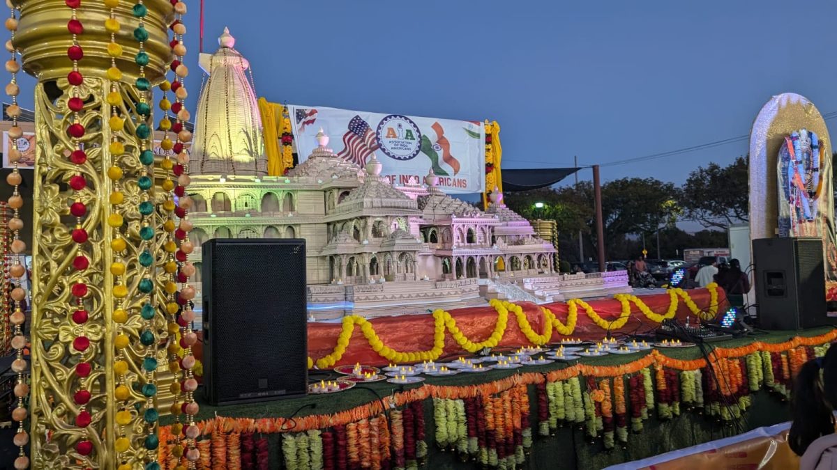 The mini replica of the new Ram Mandir in Ayodhya, was the center of a setup surrounded by candles representing the dias used in traditional festivals.