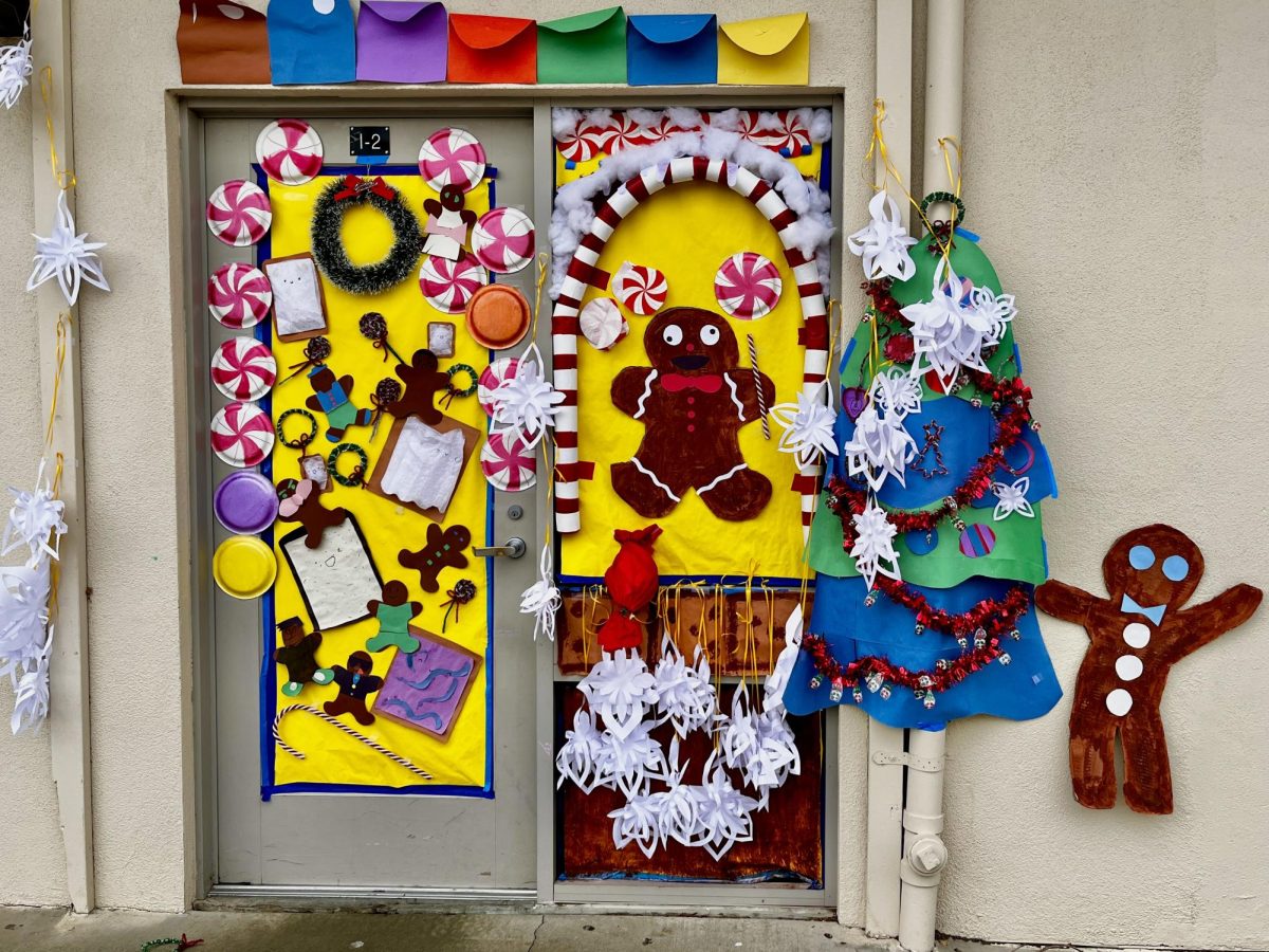 Japanese Teacher Rieko Murphy’s door decorations revolve around the theme of a gingerbread man.