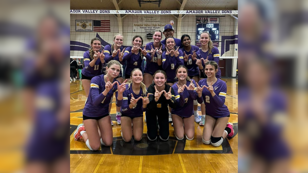 Following a win over SRV, the Amador girls volleyball team rejoices. (Photo provided by the AV Girls Varsity Volleyball Team)